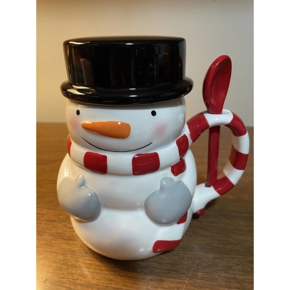 Set Of 2 Snowman Mugs w/ Spoon & Lid Christmas by St. Nicholas Square Tree Lot - Picture 5 of 9